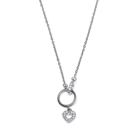 Дамско сребърно колие проба 925 с висулка във формата на кръг със сърце украсена с бляскави цирконии