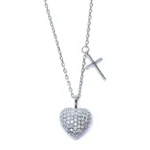 Дамско сребърно колие проба 925 с две висулки във формата на сърце и кръст и бляскави цирконии