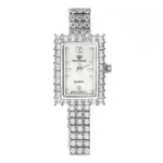 изискан сребърен дамски часовник проба 925 с правоъгален циферблат и целият инкрустиран с фини цирконии