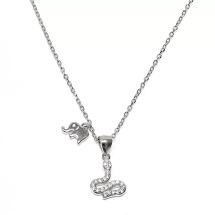 дамско сребърно колие проба 925 с два елемента единият слонче и змия инкрустирана с фини цирконии