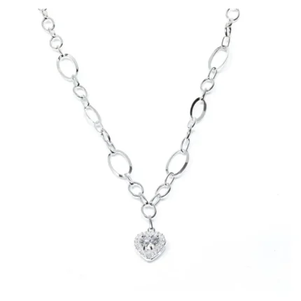 Масивно дамсйо сребърно колие проба 925 с висулка във формата на сърце с камъче