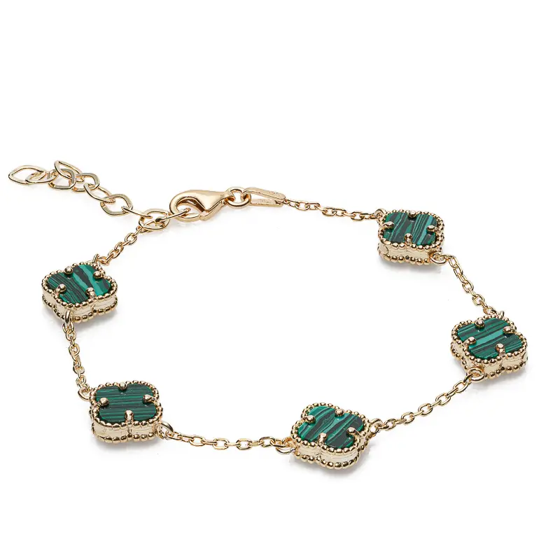 Невероятна сребърна гривна в златист цвят със зелен седеф във формата на детелини