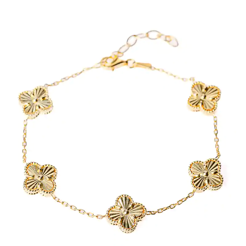 Дамска сребърна гривна с златно покритие и пет златни детелини с лазерна обработка